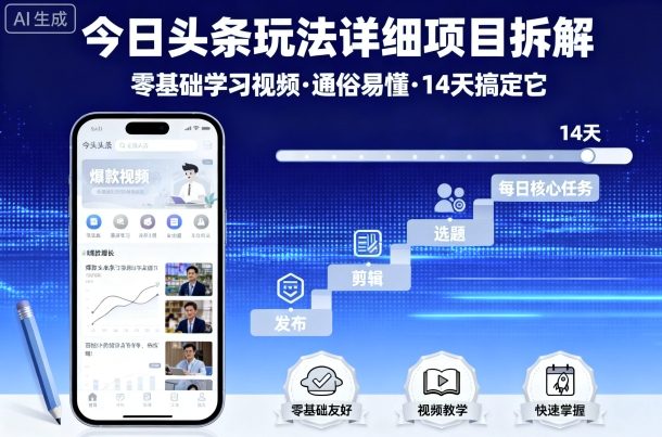 今日头条玩法详细项目拆解，零基础学习视频 通俗易懂 14天搞定它-大熊网创