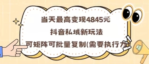 当天最高变现1k+，抖音私域新玩法，可矩阵可批量复制-大熊网创