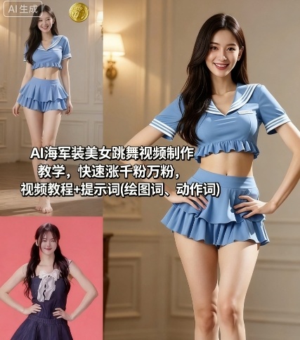 AI海军装美女跳舞视频制作教学，快速涨千粉万粉，视频教程+提示词(绘图词、动作词)-大熊网创